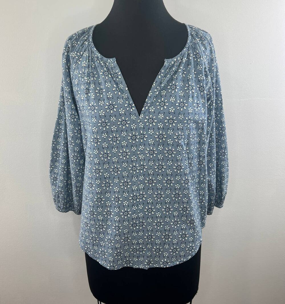 ROLLER RABBIT Blue White Floral Print 3/4 Puff Sleeve Cotton Blouse Size XS